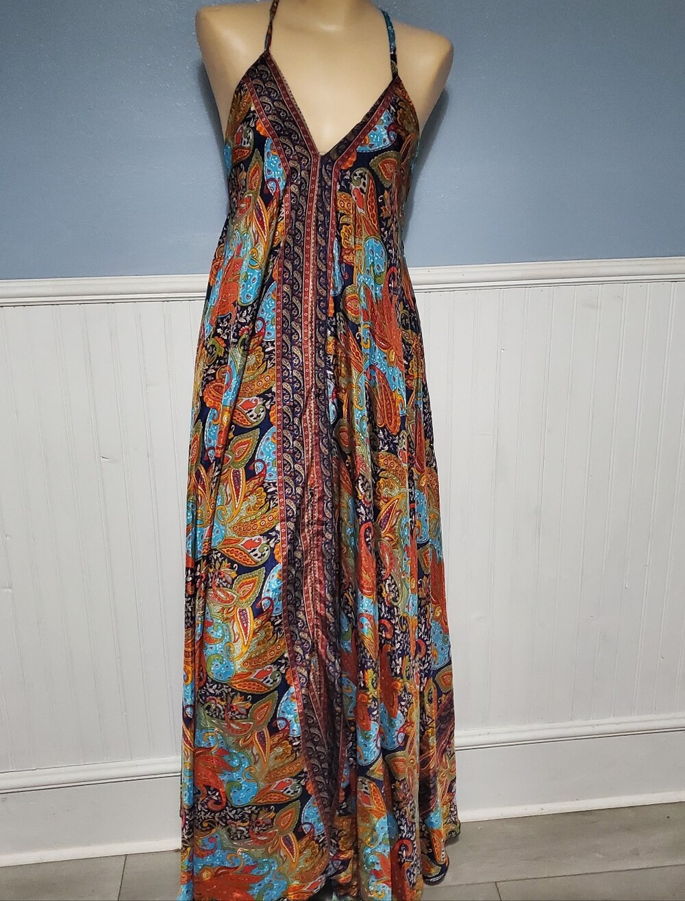 Source Unknown Vibrant Paisley Halter Maxi Dress - Orange, Blue, Black Boho